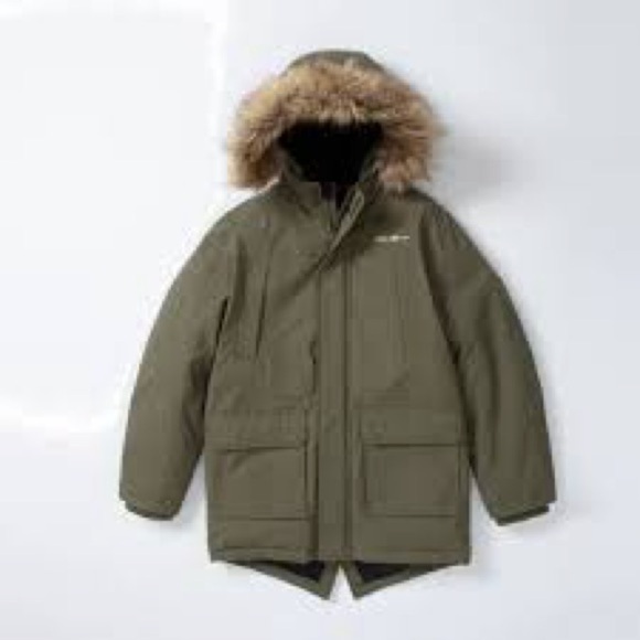 Eddie Bauer Olive Green faux fur trimmed coat down filled kids size 14/16 - Picture 1 of 8